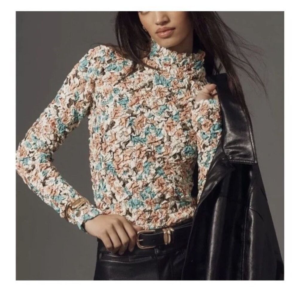 Anthropologie Dolan Printed Floral Pebble Smocked Turtleneck Blouse SZ Small